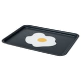 KEJSARFISK black tray, fried egg design, made of high-pressure melamine laminate, rectangular with rounded edges.