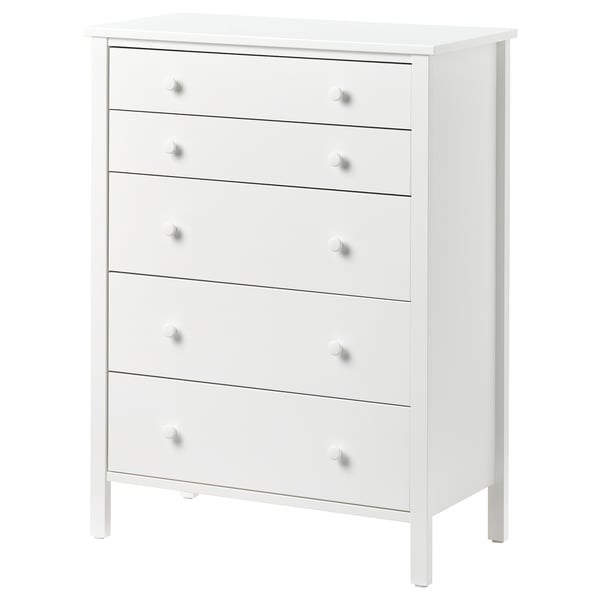 KILBERGET white chest, five drawers, simple design, safe with wall anchoring.