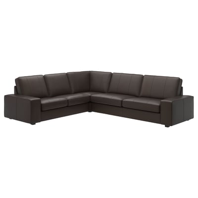 Black KIVIK l-shaped leather sectional sofa with deep cushions.