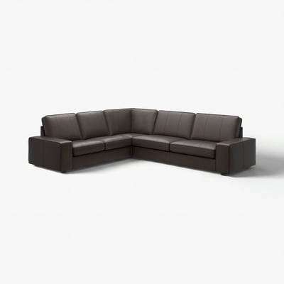 A dark brown, l-shaped KIVIK sectional sofa with low armrests and a comfortable, inviting design.