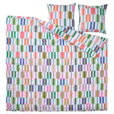 Multi-stripe bedding set, pastel squares on white, recycled polyester & viscose, duvet & pillowcases.