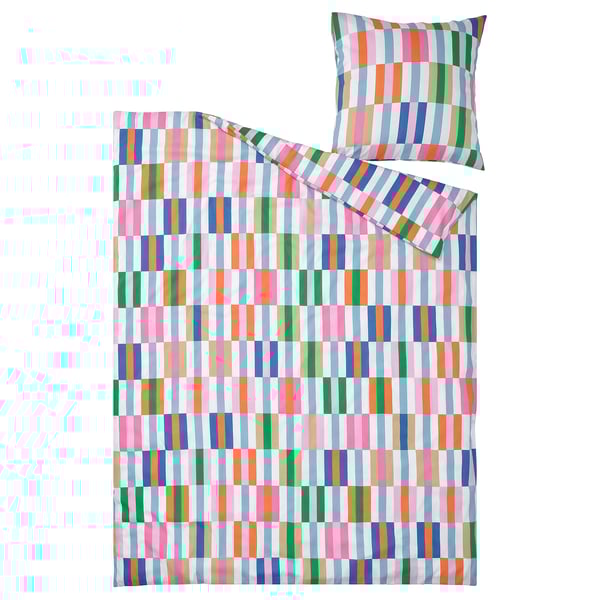 Multicolored striped duvet in polyester/viscose.