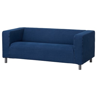 A blue KLIPPAN sofa with square arms and deep seats on metal legs.