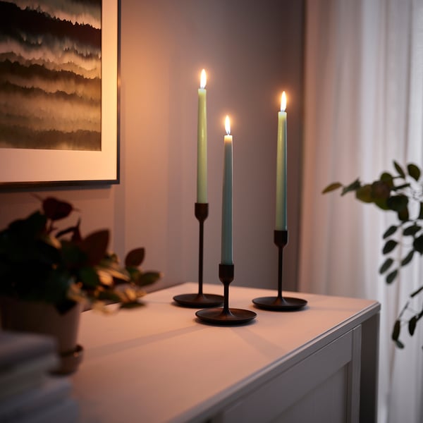 KLOKHET Unscented taper candle, light grey-green, 25 cm