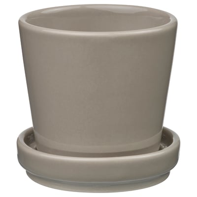 KLOTLÖNN planter in grey, cylindrical shape with matching saucer, made of stoneware, simple modern design.