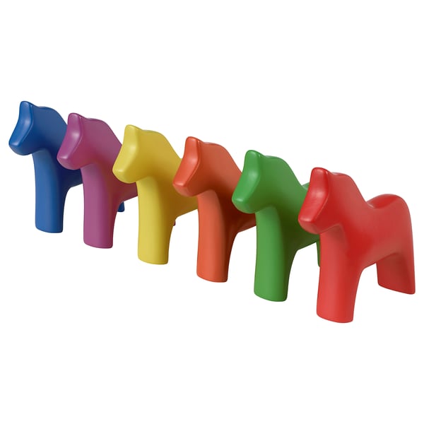 Six colorful ceramic dala horses in a row, vivid colors, smooth surfaces, simplistic design.