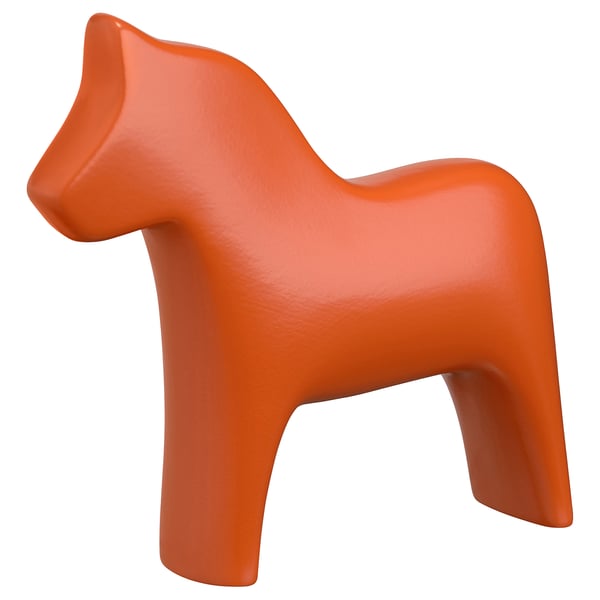 Bright orange ceramic dala horse figurine, smooth design, stylized shape.