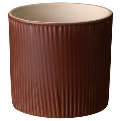 Brown stoneware planter with ribbed texture.