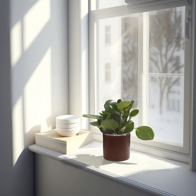 Window sill with plant, bowls, books, sunlight.