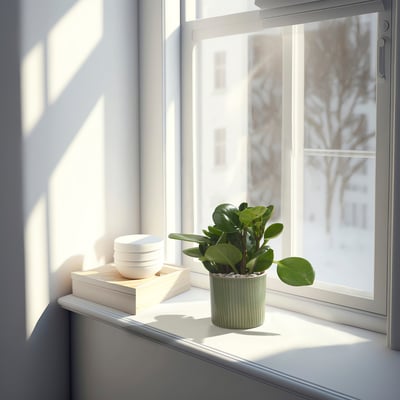 Green plant on windowsill with plates and box, sunlight brightens space.