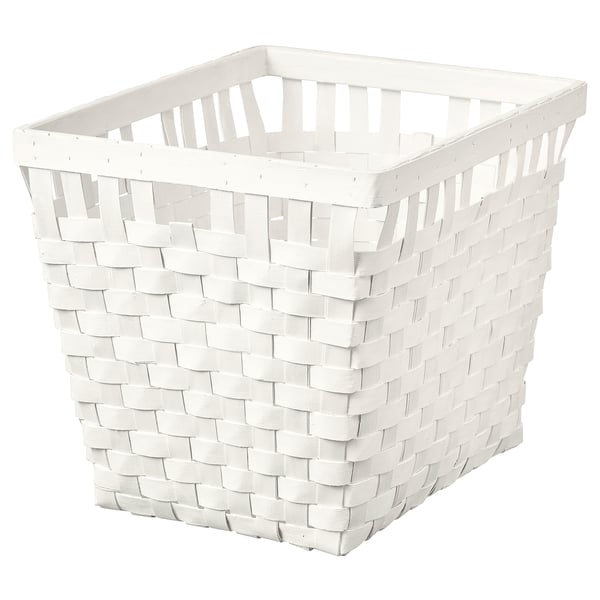 A white KNARRA basket, square-shaped, woven from wood strips. Its handcrafted, sturdy, and has a clean design.