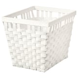 A white KNARRA basket, square-shaped, woven from wood strips. Its handcrafted, sturdy, and has a clean design.