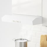 Modern white range hood with two knobs and sleek design for kitchen ventilation.