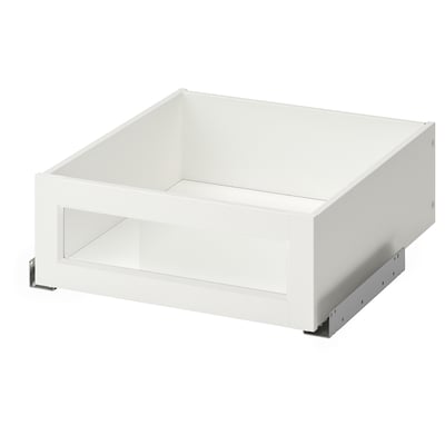 White KOMPLEMENT drawer with tempered glass front, l-shaped metal hardware.