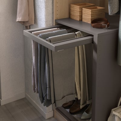 KOMPLEMENT trouser hanger, gray, steel, pulls out, organizes pants neatly, soft-close.