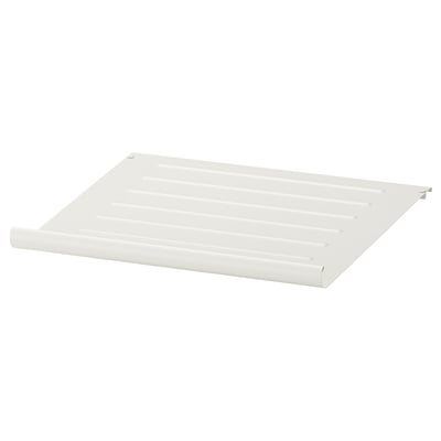 A white KOMPLEMENT shoe shelf, made of steel with a powder-coated finish, slanted for easy access and display.