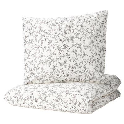 KOPPARRANKA duvet and pillowcases, off-white with black floral print, soft cotton blend, elegant design.