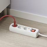 White extension socket with 3 outlets and a red power switch, providing additional power options.
