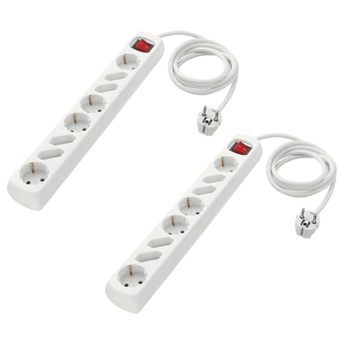 Two white KOPPLA power strips with 8 sockets, switches, and 1. 5m cables.