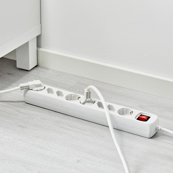 White surge protector with 8 outlets and switch.