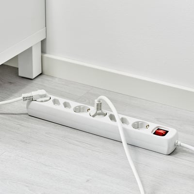 White surge protector with 8 outlets and switch.