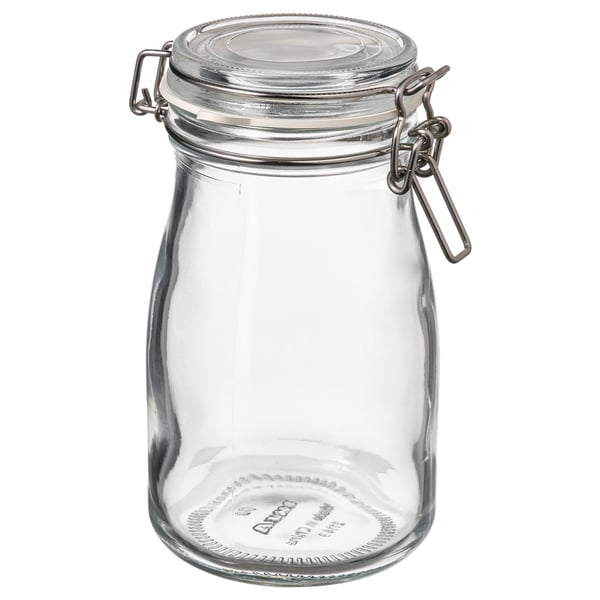 KORKEN clear glass jar with airtight lid and stainless steel clasp for preserving and storing foods.