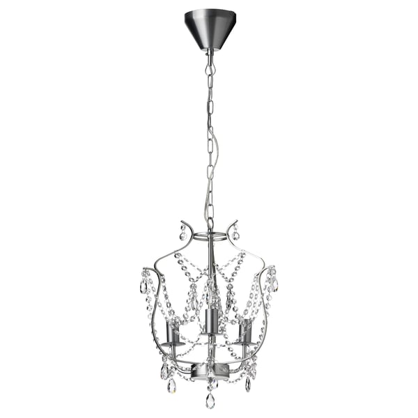 KRISTALLER silver chandelier; 3 arms, crystal prisms, adjustable chain; modern elegant design.