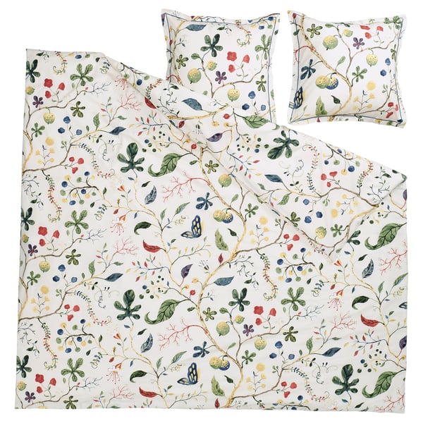 Flowery KRONBUSKE bedding, white with birds, butterflies. Cotton & lyocell.