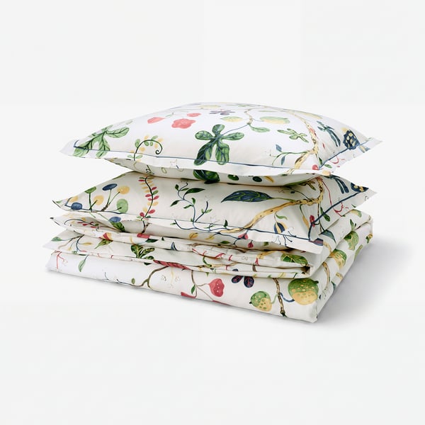KRONBUSKE Duvet cover and 2 pillowcases, light beige/floral pattern, 240x220/80x80 cm