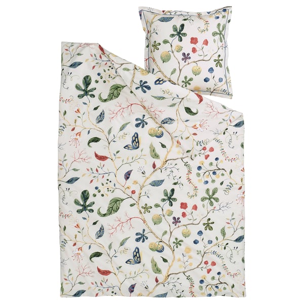 KRONBUSKE duvet cover set, white with colourful floral pattern, soft cotton-lyocell blend, rectangular with pillowcase.