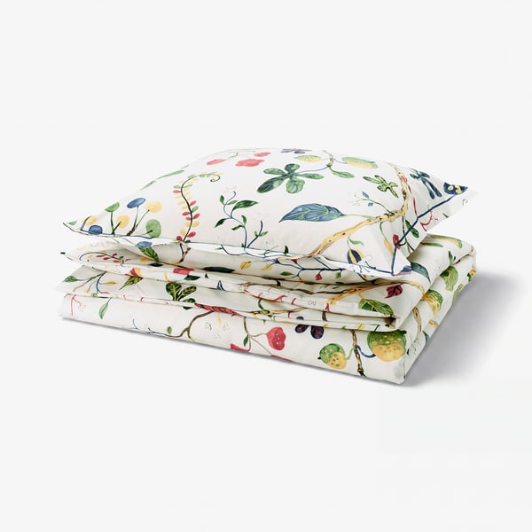 KRONBUSKE Duvet cover and pillowcase, light beige/floral pattern, 155x220/80x80 cm
