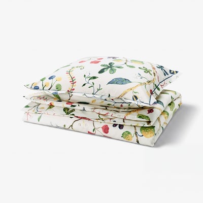 KRONBUSKE Duvet cover and pillowcase, light beige/floral pattern, 155x220/80x80 cm
