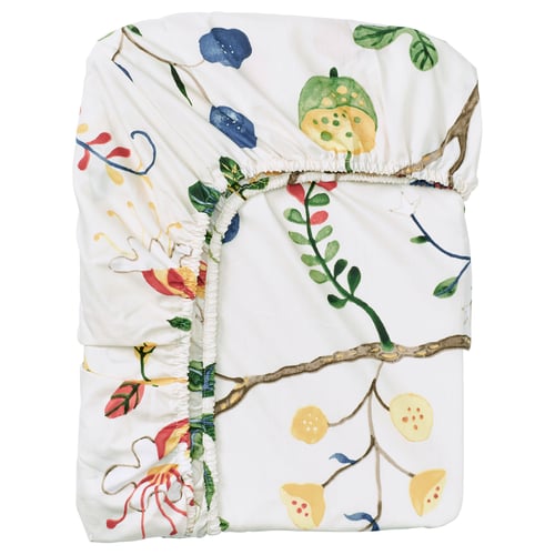 KRONBUSKE white bed sheet, colourful floral prints, rectangular with elastic corners.