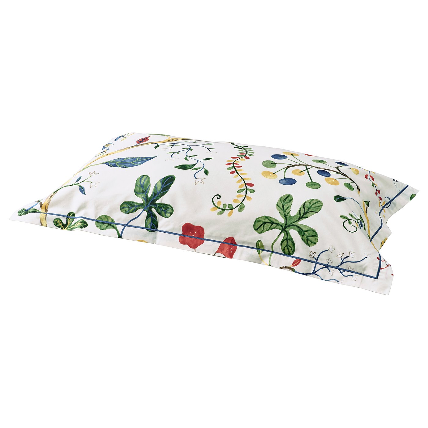 KRONBUSKE pillowcase with green leaves and flowers. Rectangular, nature-inspired, 57% cotton, 43% lyocell.