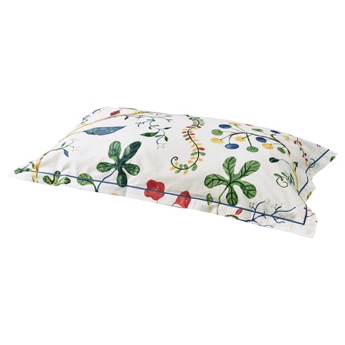 KRONBUSKE pillowcase with green leaves and flowers. Rectangular, nature-inspired, 57% cotton, 43% lyocell.