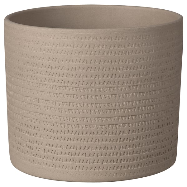 KRYPTUJA planter, beige, stoneware, cylindrical, textured pattern.