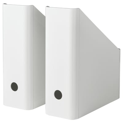Two white KUGGIS magazine holders made of pet plastic, standing upright, one displaying a side view, showcasing the cut-out opening for easy access.