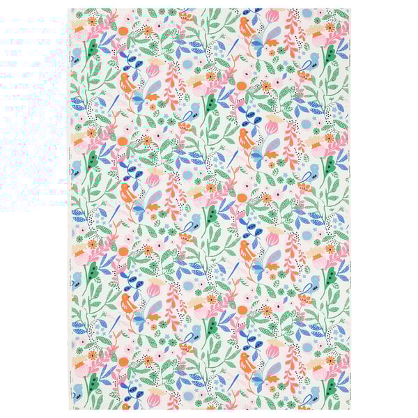 KUNGSLJUSMAL pre-cut fabric: playful birds, flowers on white. 100% recycled cotton. Ideal for sewing projects.