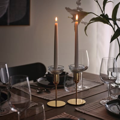 KUNGSTÄRNA Candlestick, clear glass/gold-colour, 19 cm