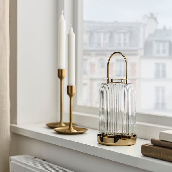 KUNGSTÄRNA Lantern for tealight, clear glass/gold-colour, 25 cm