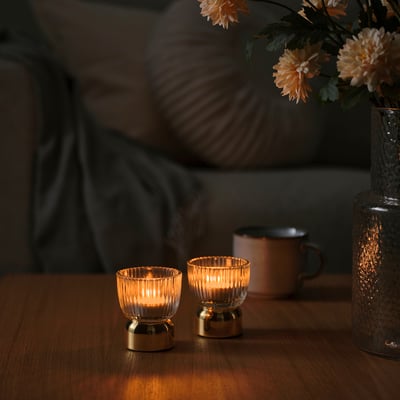 KUNGSTÄRNA Tealight holder, clear glass/gold-colour, 8 cm