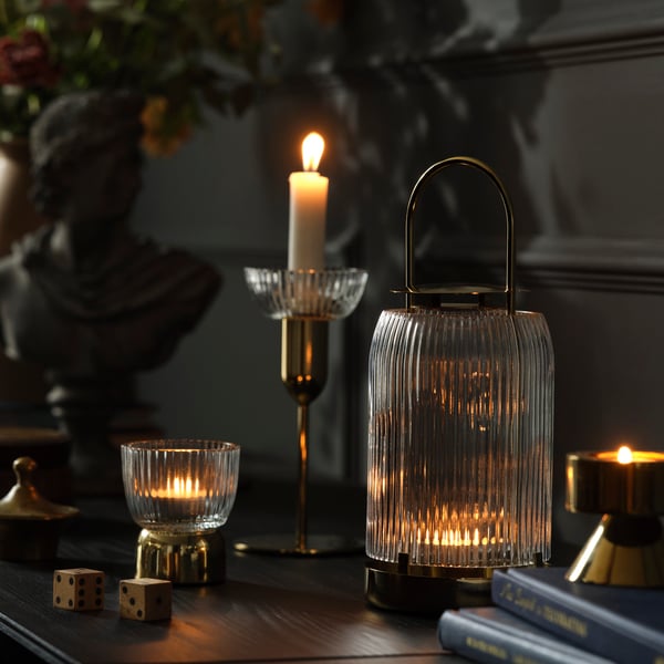 KUNGSTÄRNA Tealight holder, clear glass/gold-colour, 8 cm