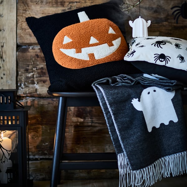 KUSTFYR Cushion cover, pumpkin pattern black/orange, 50x50 cm