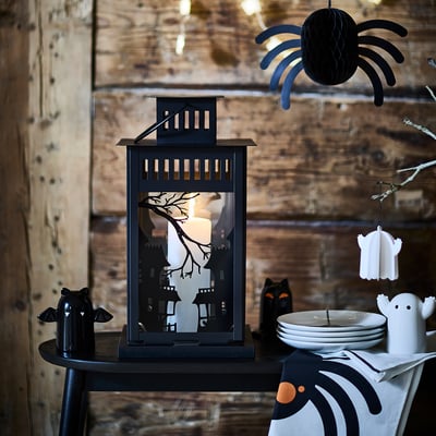KUSTFYR Lantern for pillar candle, in/out, black, 44 cm