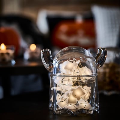 KUSTFYR LED lighting chain with 32 lights, ghost/battery-operated white