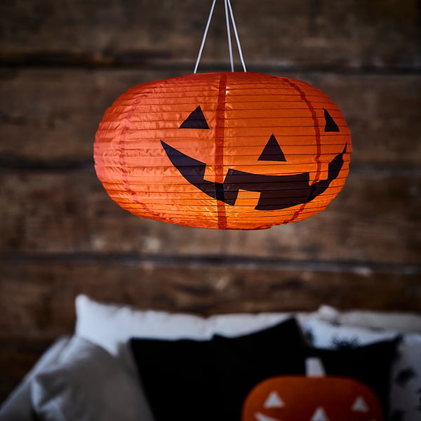 KUSTFYR LED pendant lamp, pumpkin battery-operated/outdoor orange