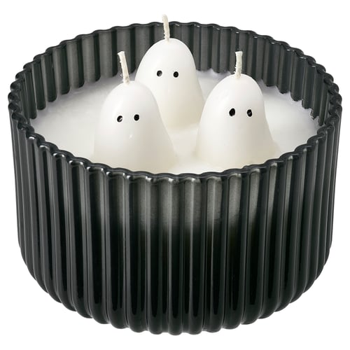 KUSTFYR Scented candle in glass, 3 wicks, Jelly candy ghost/black/white, 28 hr