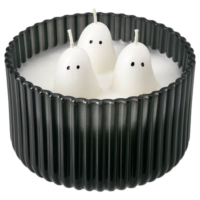KUSTFYR Scented candle in glass, 3 wicks, Jelly candy ghost/black/white, 28 hr
