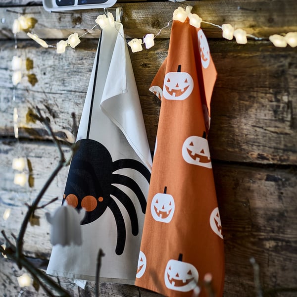 KUSTFYR Tea towel, mixed patterns orange/white, 45x60 cm