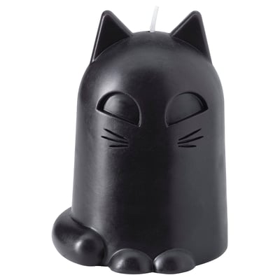 Black cat-shaped candle, smooth and glossy, with pointy ears and happy face design. Made from paraffin wax.